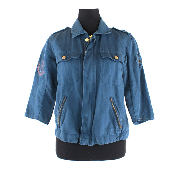 Zadig & Voltaire Kavy Blue Zip Up Linen Military Jacket XS Patch Half Sleeve Top - Picture 1 of 7